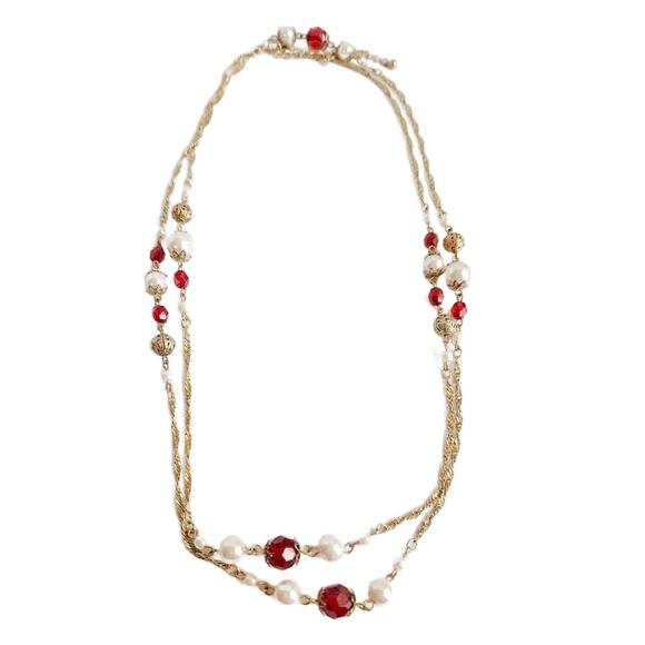 Vintage Double Strand Necklace Gold Filigree and Red Crystal Beads , 46" long - Picture 1 of 10